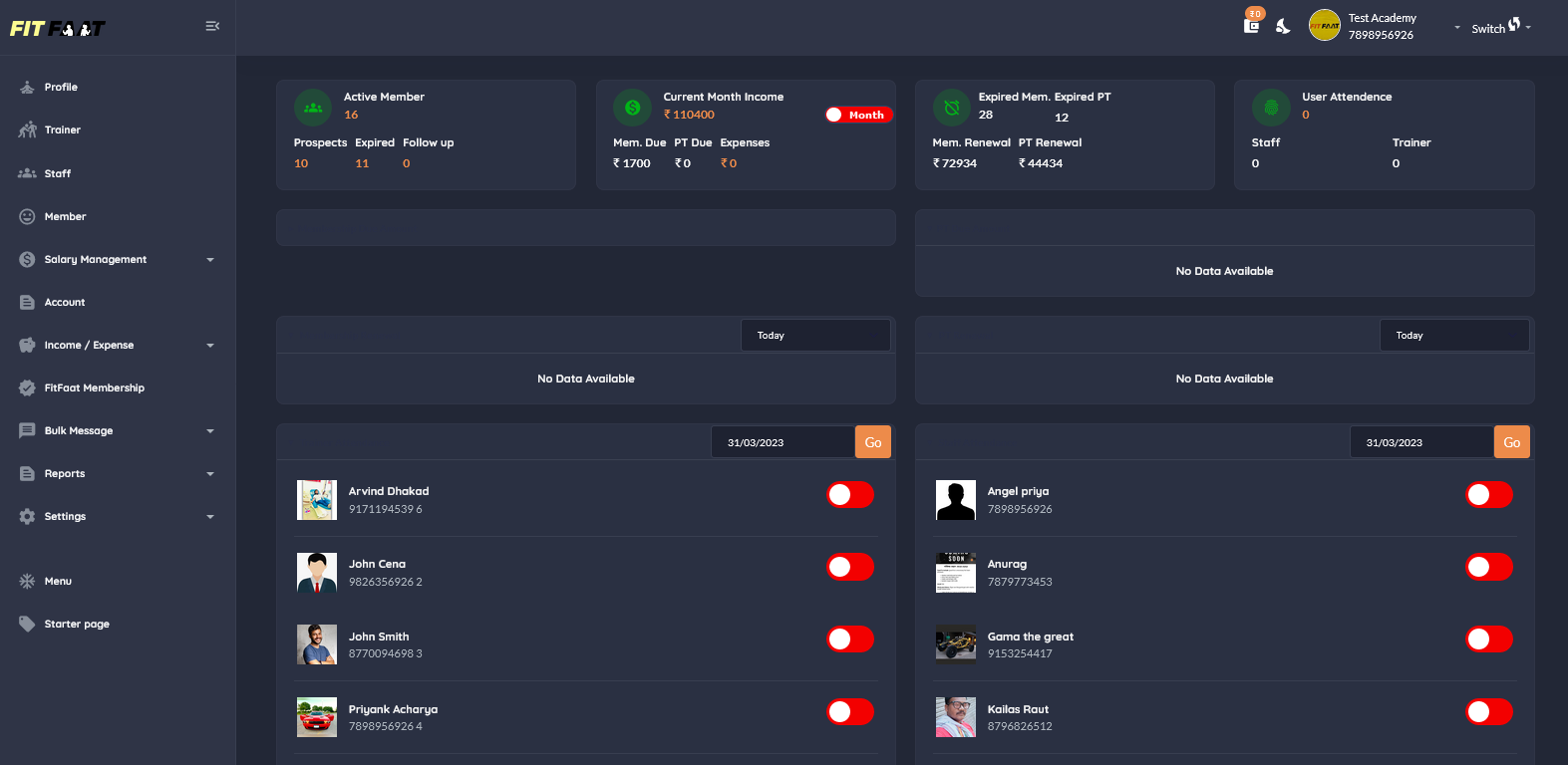 FitFaat gym management software dashboard